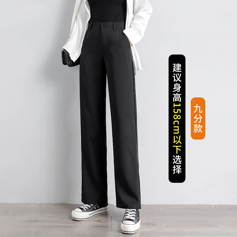 Chiffon Suit Pants Women Thin High Waist Drape Casual Wide Leg Loose Slim Look Straight Petite Floor Length Pants