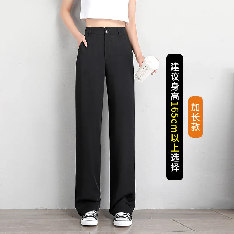 Chiffon Suit Pants Women Thin High Waist Drape Casual Wide Leg Loose Slim Look Straight Petite Floor Length Pants