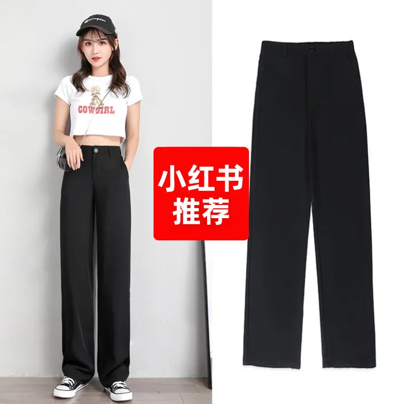 Chiffon Suit Pants Women Thin High Waist Drape Casual Wide Leg Loose Slim Look Straight Petite Floor Length Pants