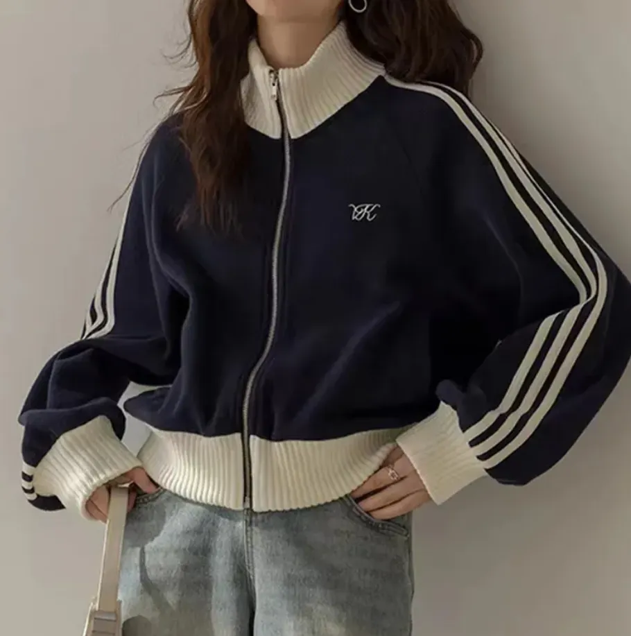 christmas outfit Sonicelife Contrast Zip Up Side Striped Cardigan