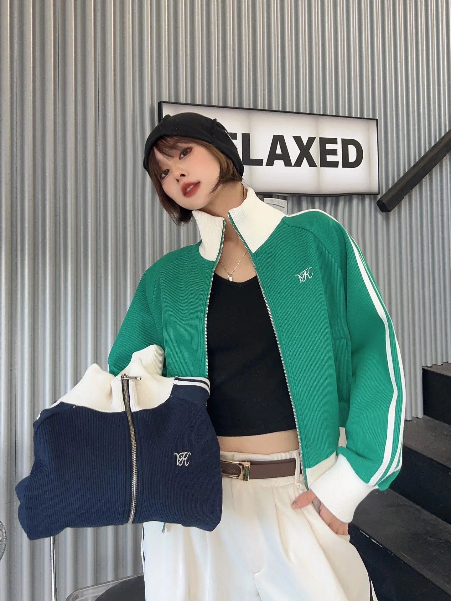 christmas outfit Sonicelife Contrast Zip Up Side Striped Cardigan