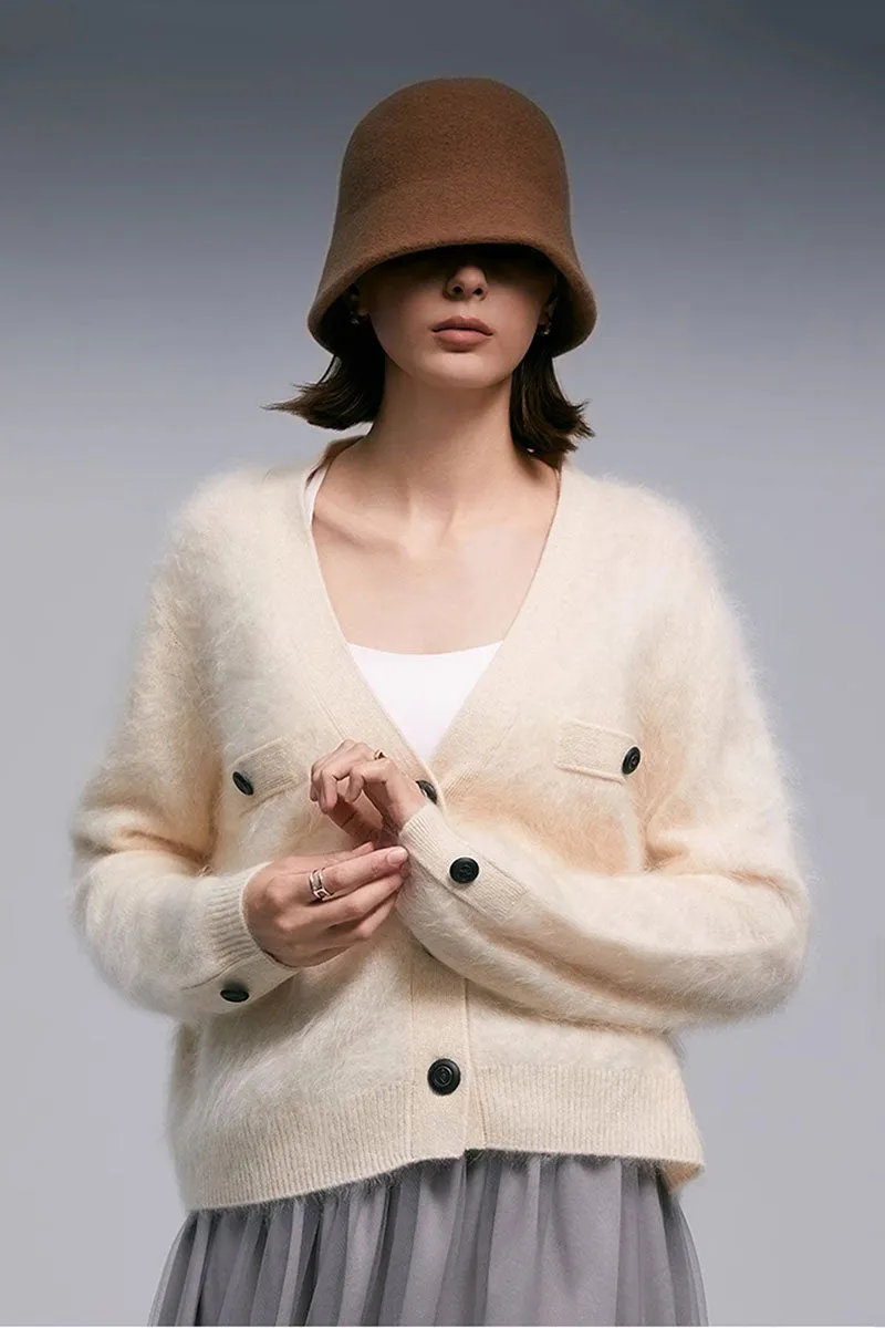 Chunky Brushed Cashmere V-Neck Cardigan with Decorative Pockets