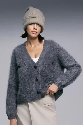 Chunky Brushed Cashmere V-Neck Cardigan with Decorative Pockets
