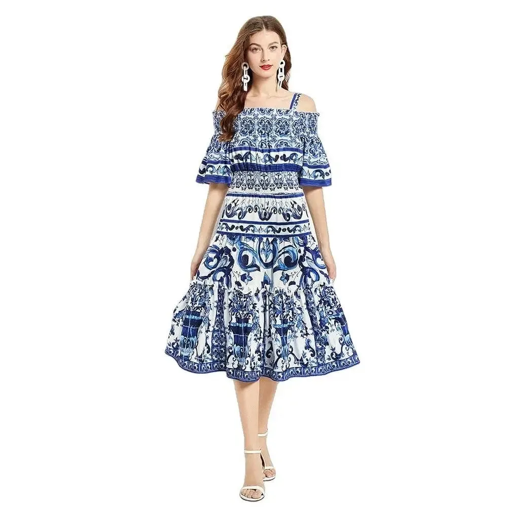 Cold Shoulder Flare Sleeve Printing Dress