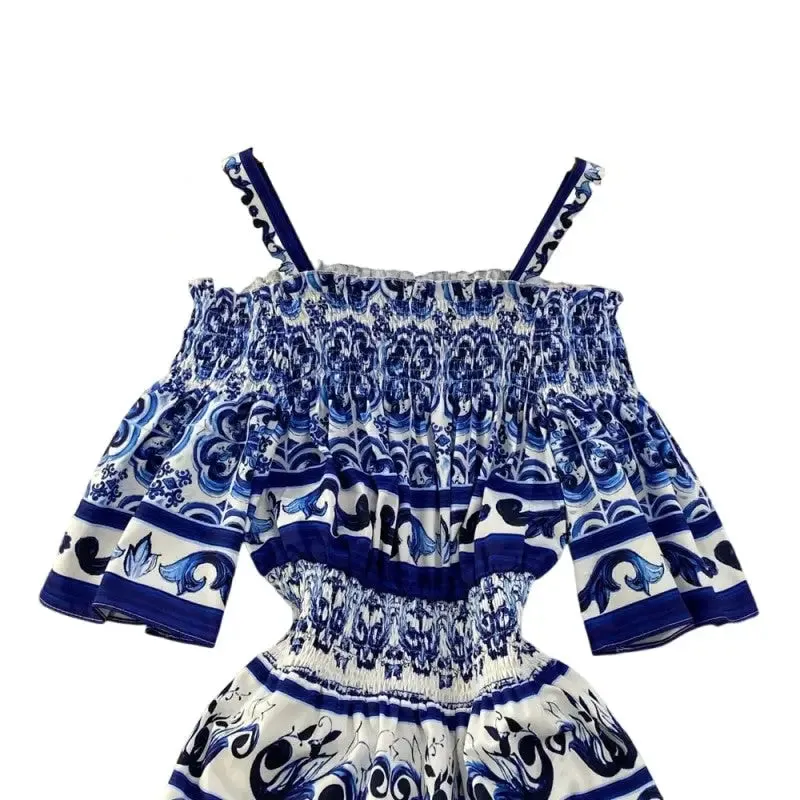 Cold Shoulder Flare Sleeve Printing Dress