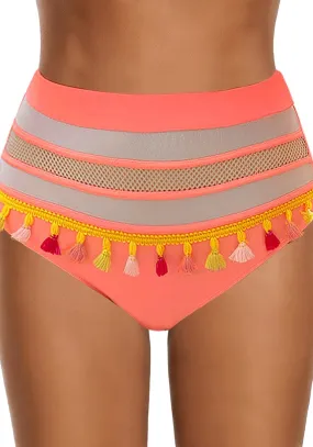 Coral Fishnet Panel Tassel High-Waist Bikini Bottom
