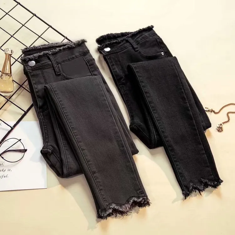 Denim Pants Women Black High Waist Slim Fit Pencil Fitted Korean Look All-Matching Stretchable Pants