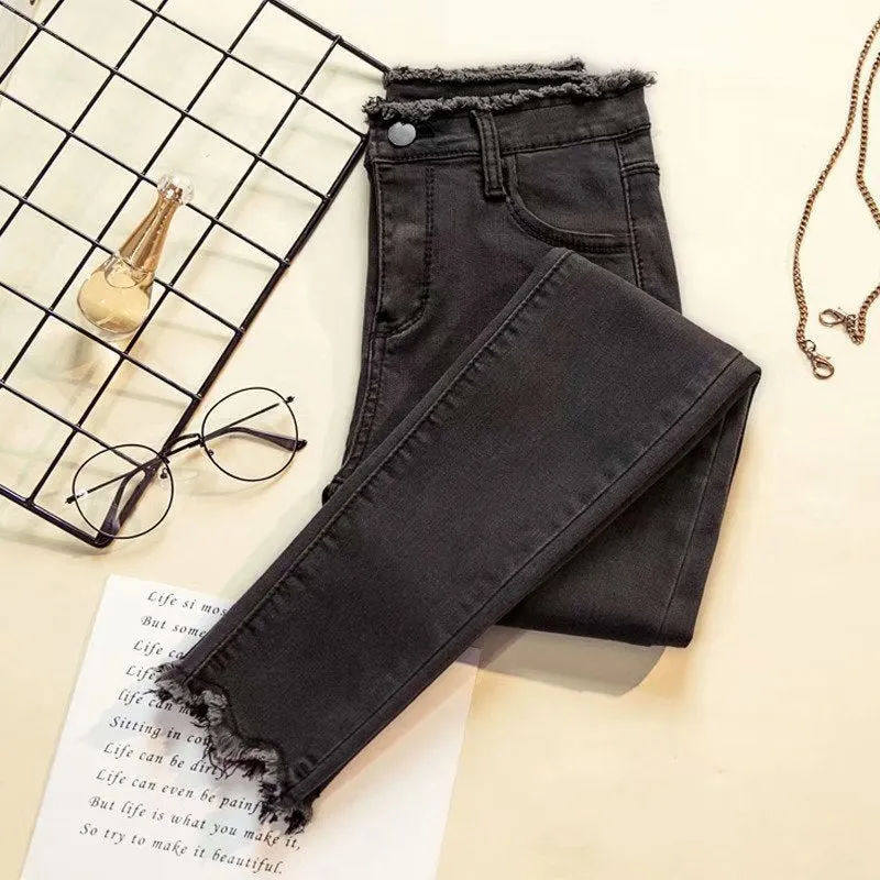 Denim Pants Women Black High Waist Slim Fit Pencil Fitted Korean Look All-Matching Stretchable Pants