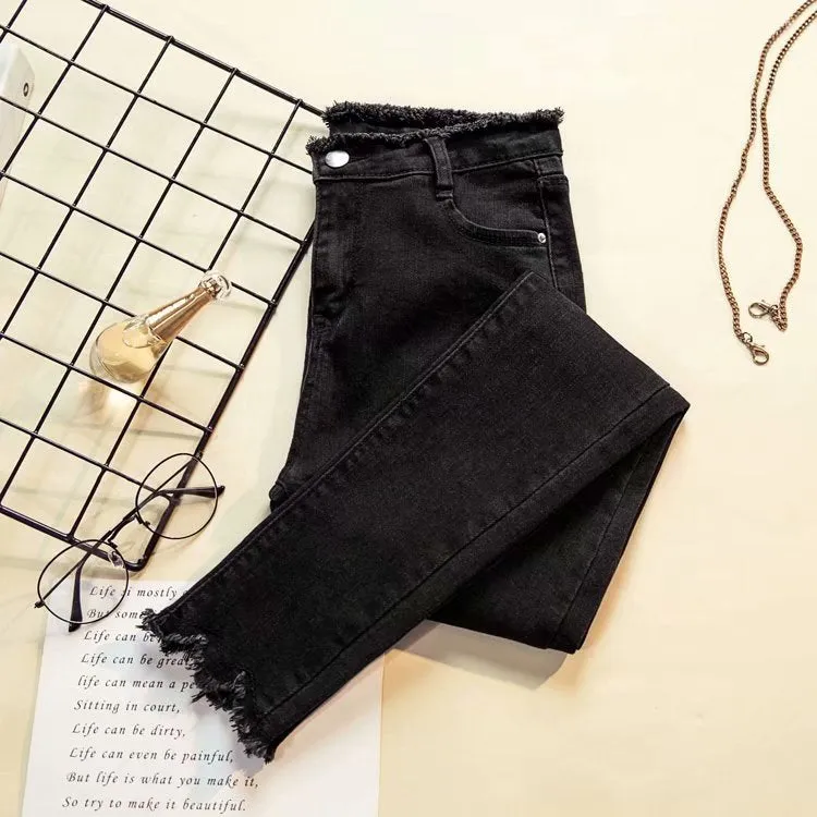 Denim Pants Women Black High Waist Slim Fit Pencil Fitted Korean Look All-Matching Stretchable Pants