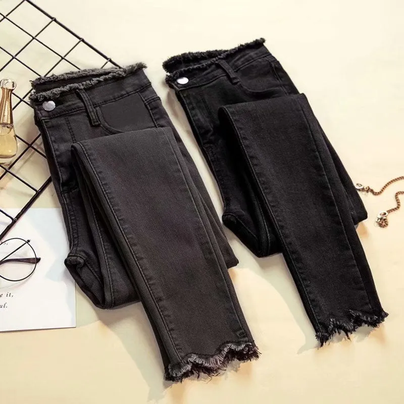 Denim Pants Women Black High Waist Slim Fit Pencil Fitted Korean Look All-Matching Stretchable Pants