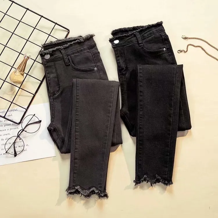 Denim Pants Women Black High Waist Slim Fit Pencil Fitted Korean Look All-Matching Stretchable Pants
