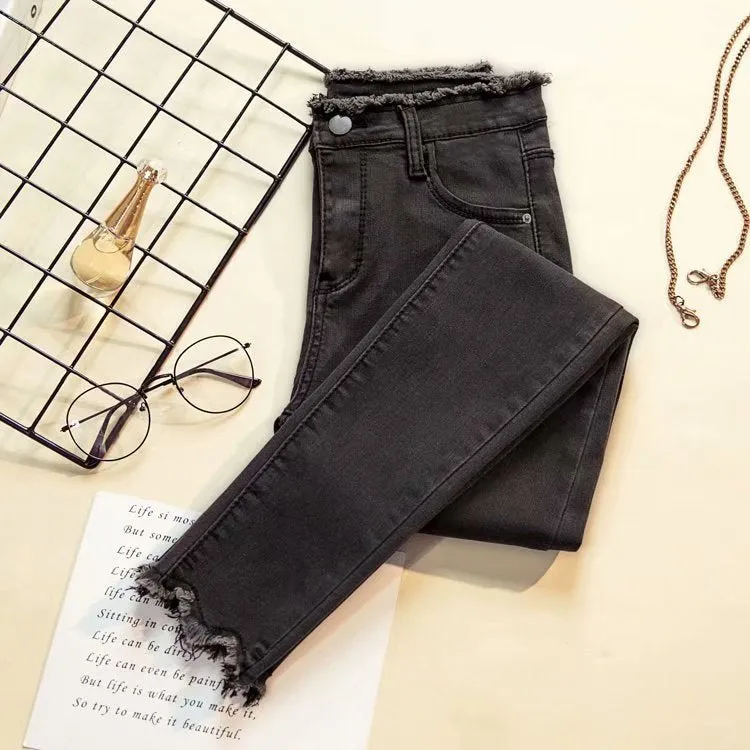 Denim Pants Women Black High Waist Slim Fit Pencil Fitted Korean Look All-Matching Stretchable Pants
