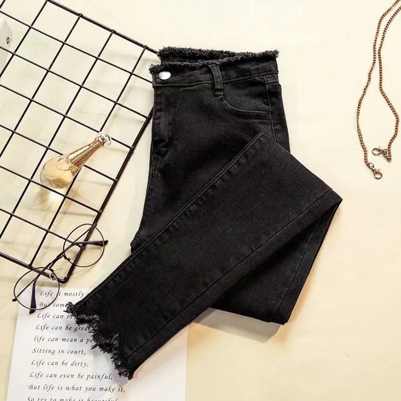 Denim Pants Women Black High Waist Slim Fit Pencil Fitted Korean Look All-Matching Stretchable Pants