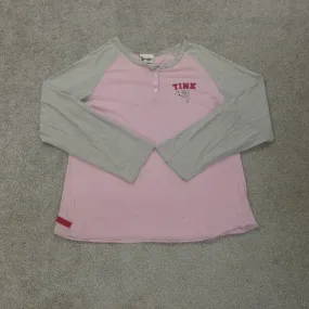 Disney World Shirt Womens XXL Pink Henley Neck Tee Tink Long Sleeve 100% Cotton