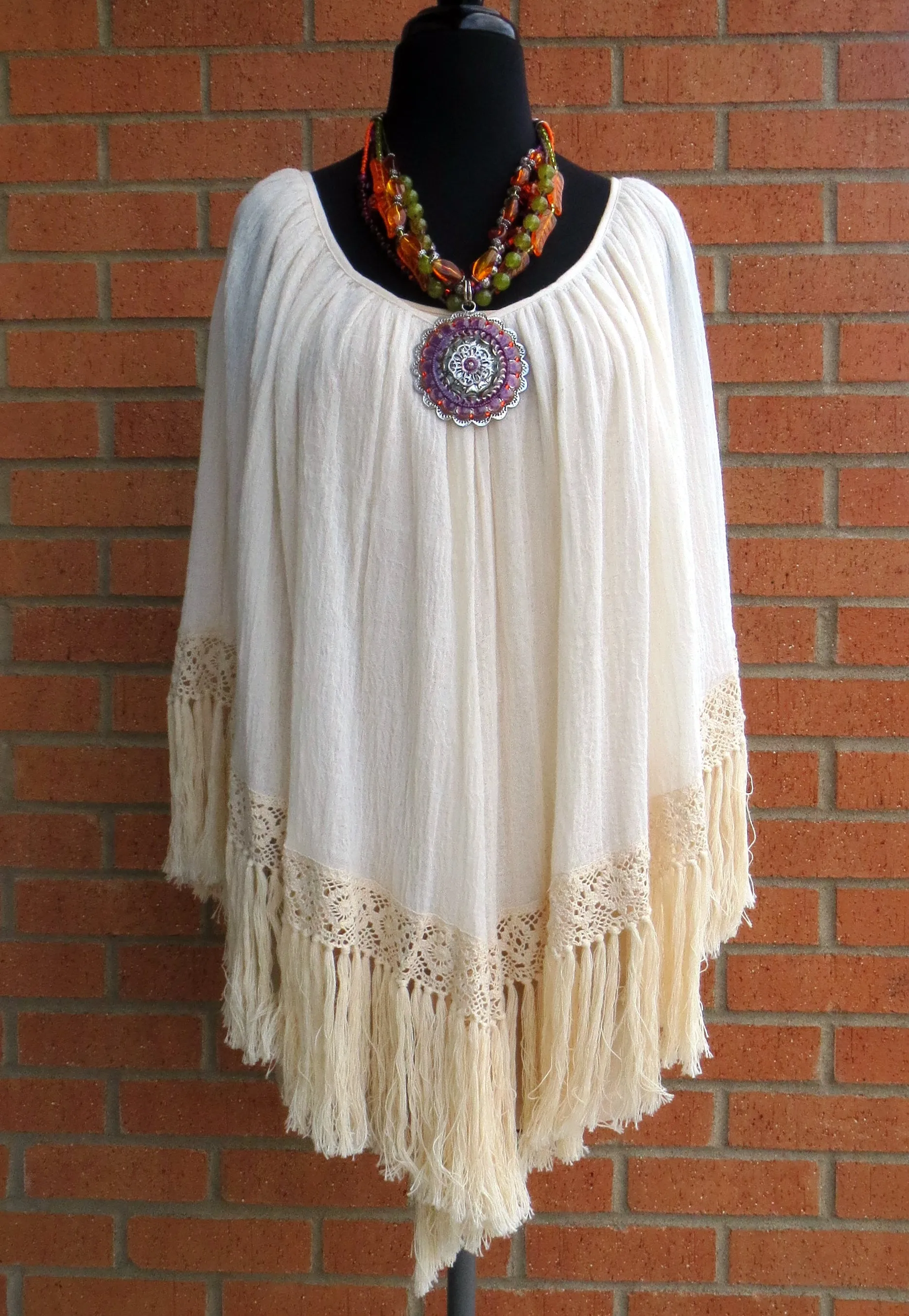 Elan | Poncho with Fringe Cream