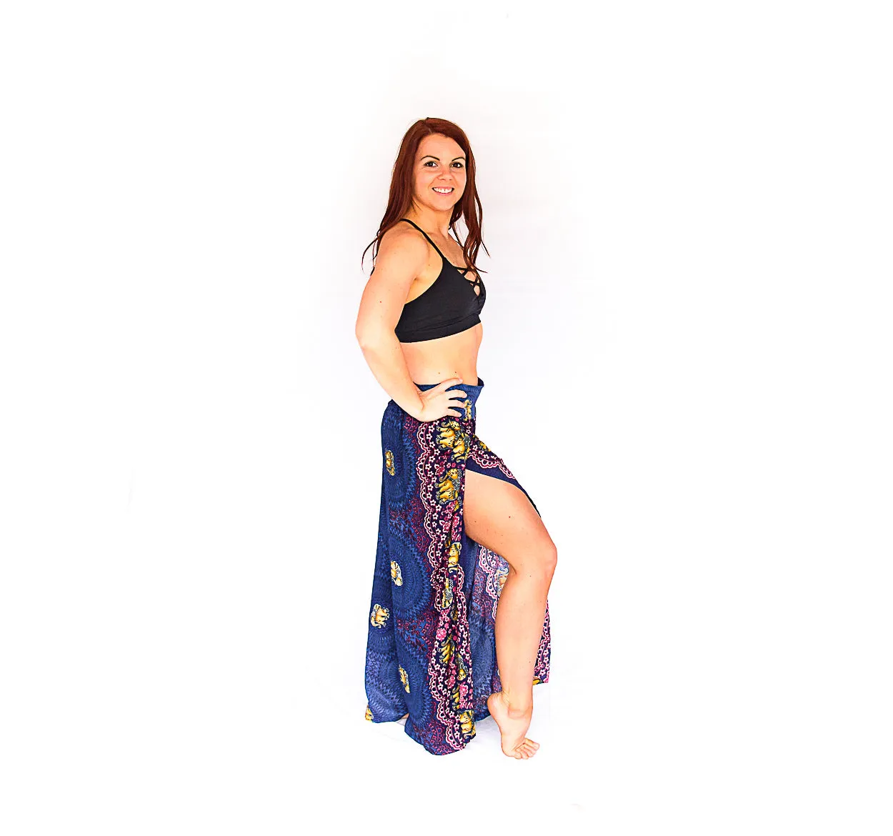 Elephant Design Open Leg Pants in Blue