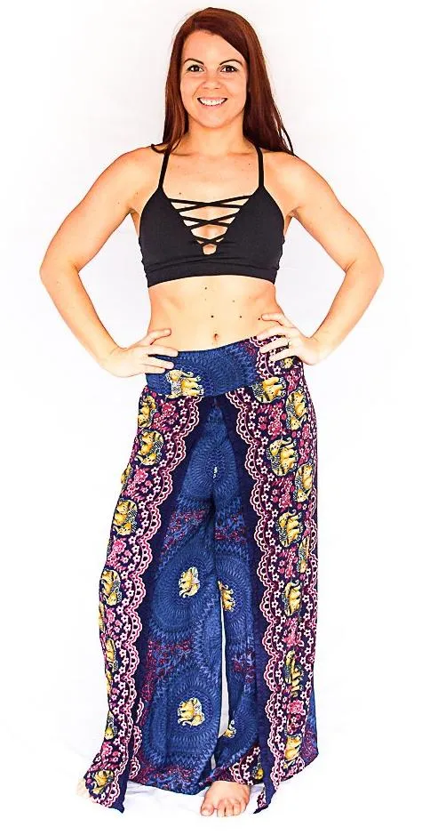 Elephant Design Open Leg Pants in Blue
