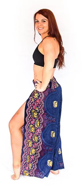 Elephant Design Open Leg Pants in Blue