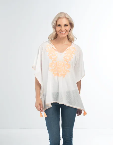Embroidery Poncho Top in White