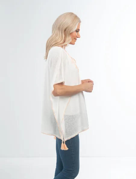Embroidery Poncho Top in White
