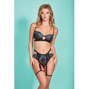 Emmalyn Mesh & Galloon Lace Underwire Bra & High Waist Garter Panty Black/blue