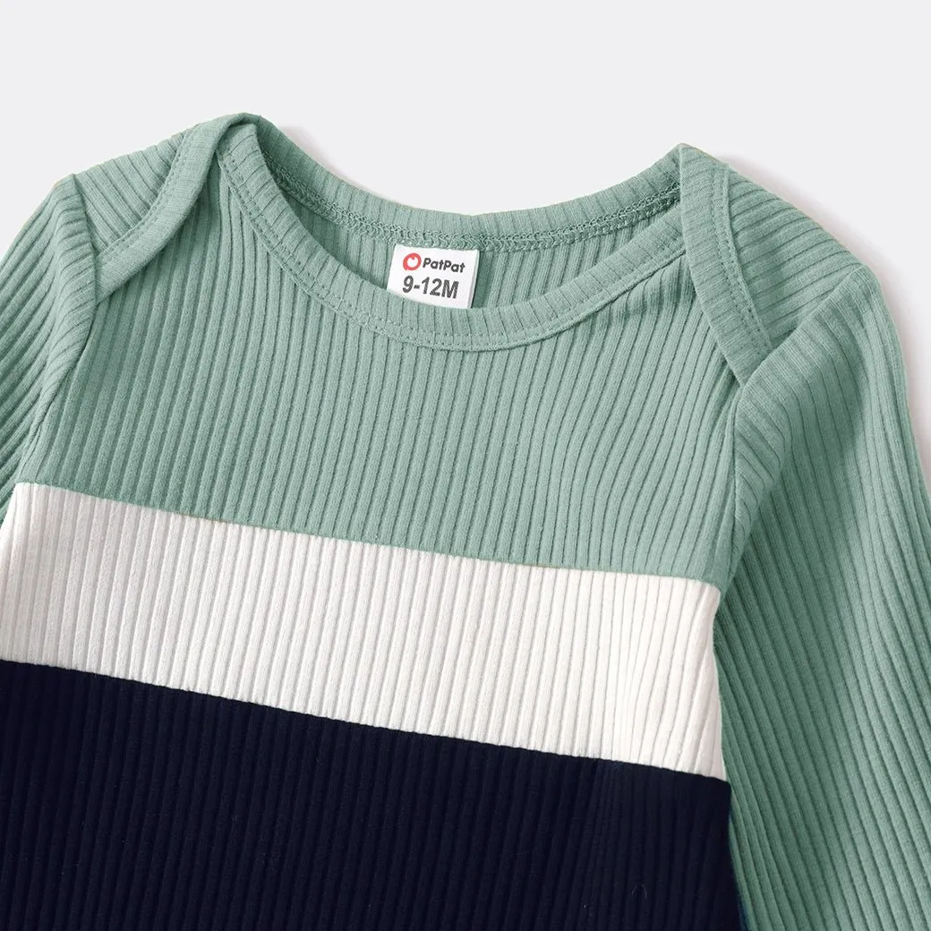 Family Matching Color Block Long-sleeve Rib-knit Tops