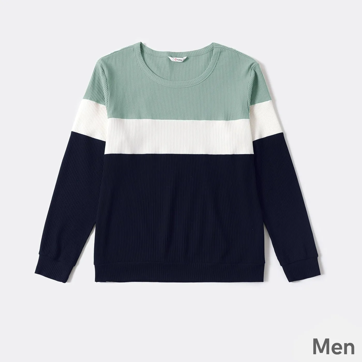 Family Matching Color Block Long-sleeve Rib-knit Tops