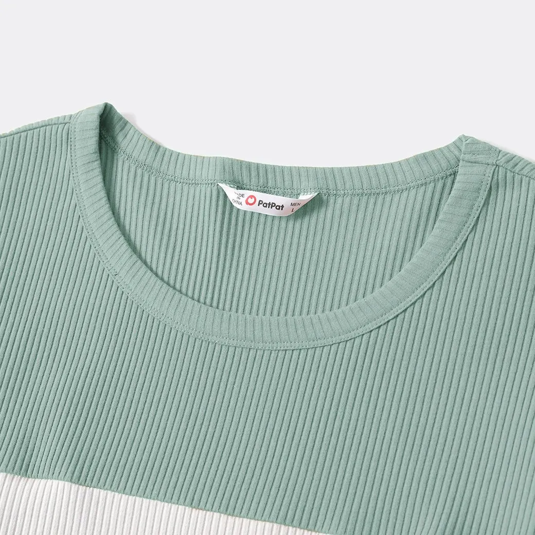 Family Matching Color Block Long-sleeve Rib-knit Tops