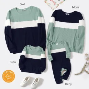 Family Matching Color Block Long-sleeve Rib-knit Tops