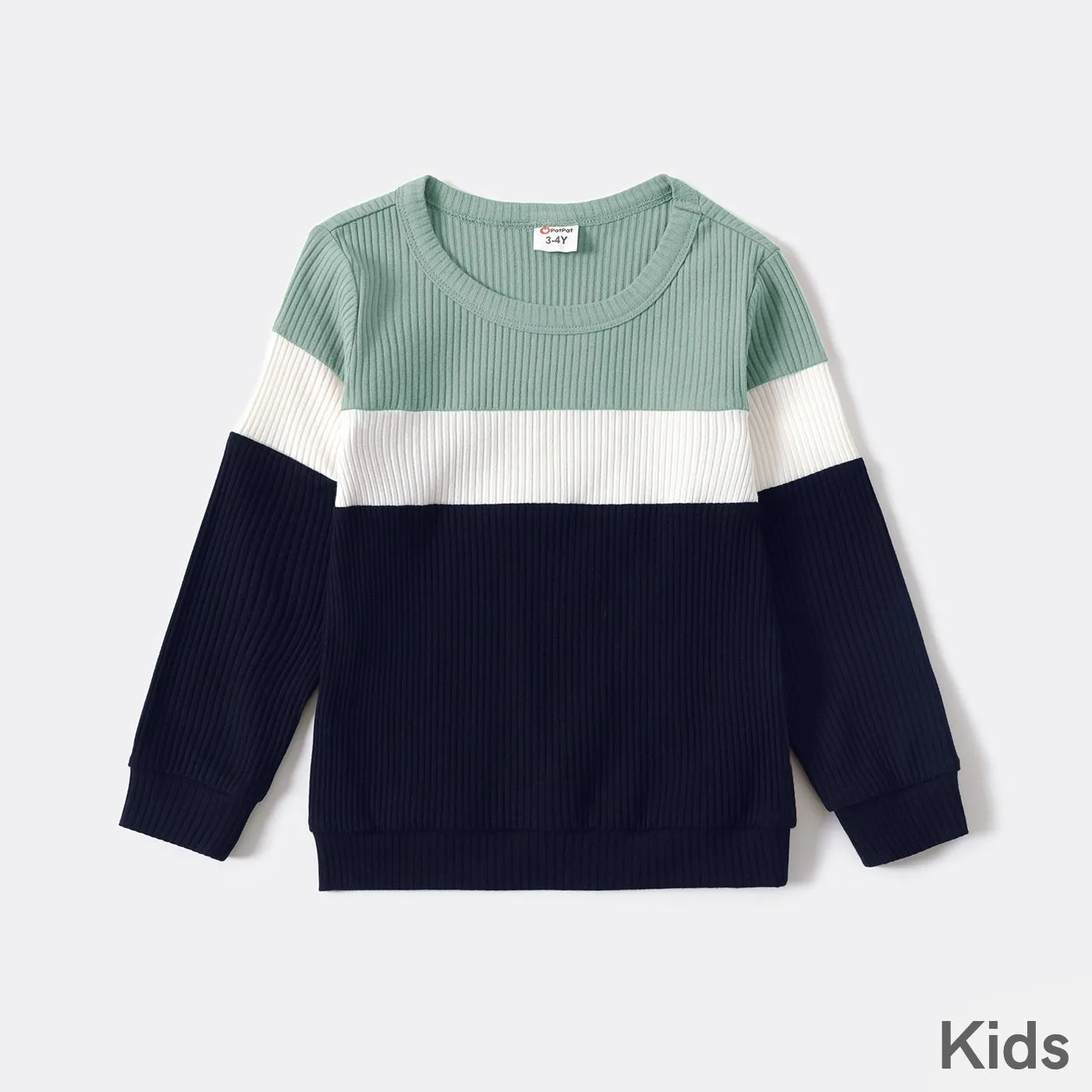 Family Matching Color Block Long-sleeve Rib-knit Tops