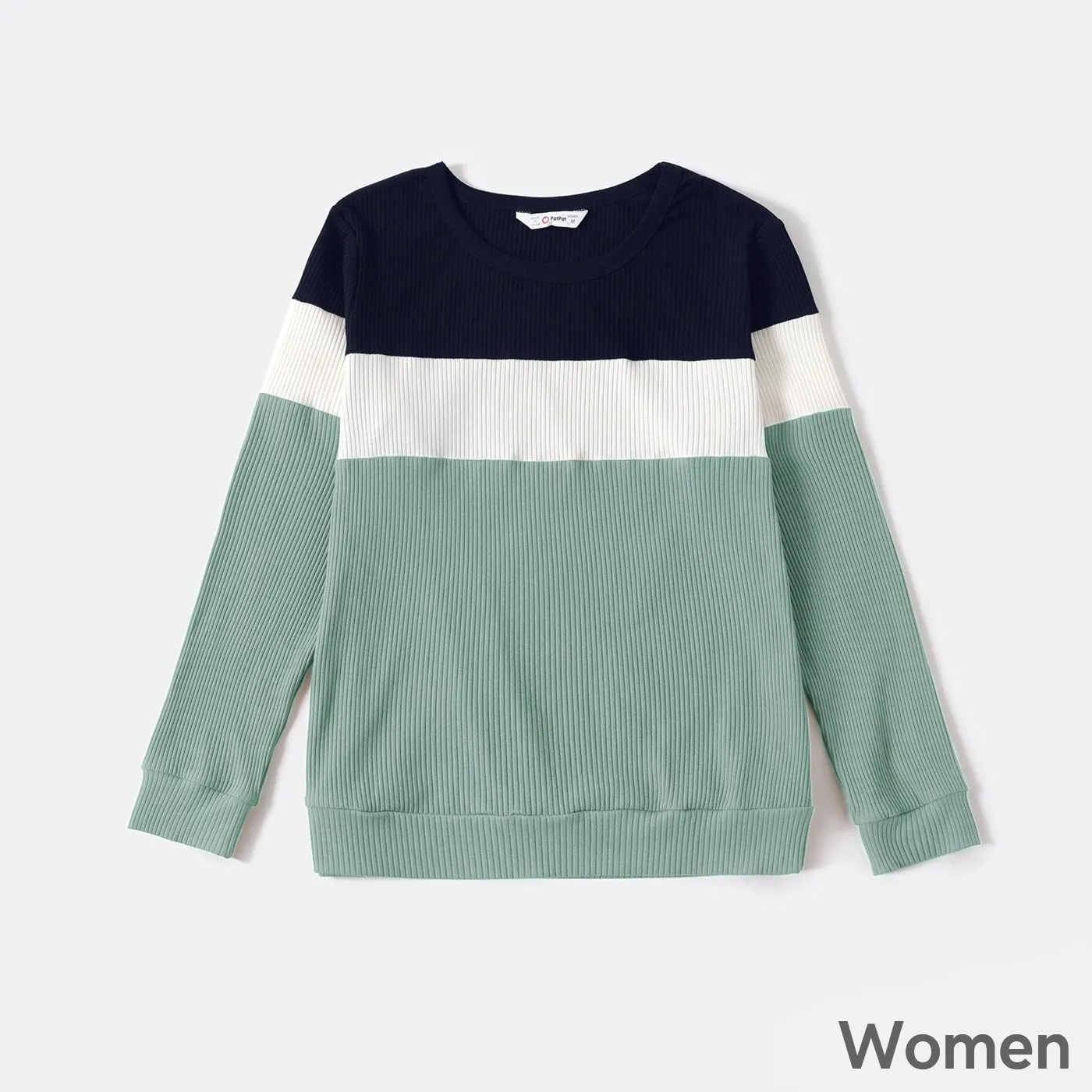 Family Matching Color Block Long-sleeve Rib-knit Tops