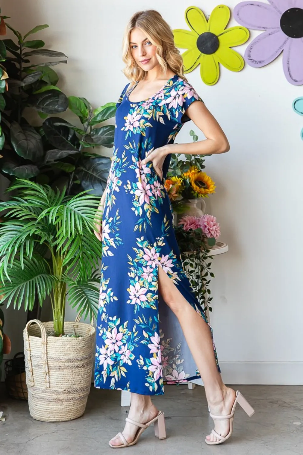 Floral Blue Maxi Dress  Short Sleeve