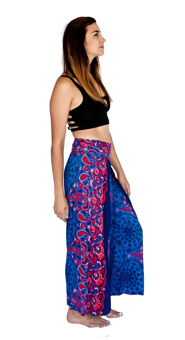 Flower Design Open Leg Pants in Blue