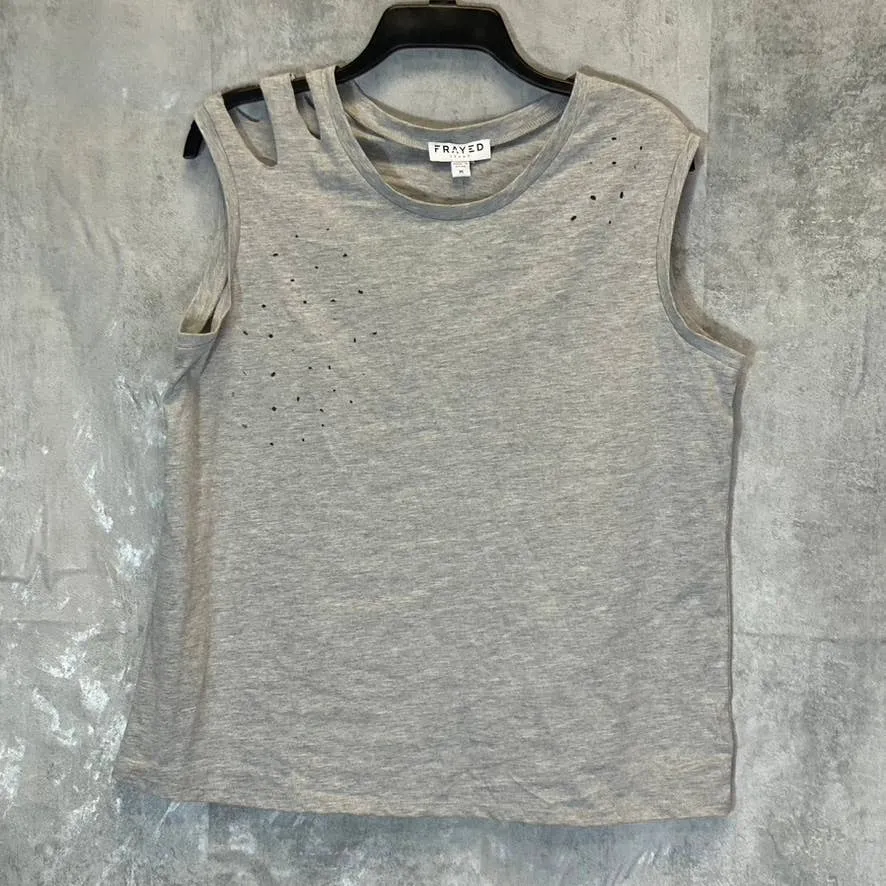 FRAYED Women's Heather Gray Distressed Sleeveless Pullover Crewneck T-Shirt SZ M