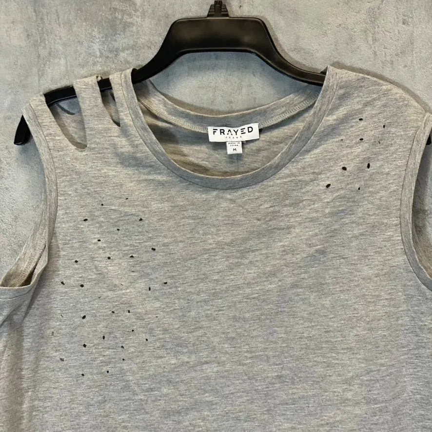 FRAYED Women's Heather Gray Distressed Sleeveless Pullover Crewneck T-Shirt SZ M