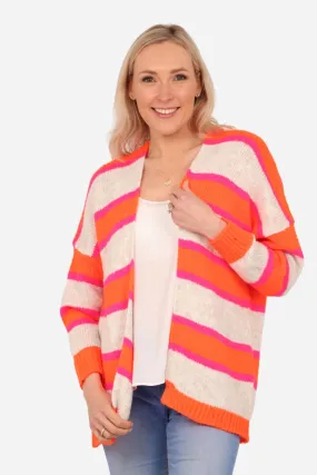 Fuchsia Orange Wool Blend Colourblock Striped Cardigan