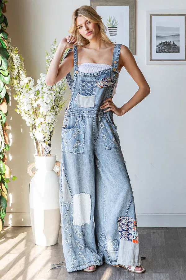 Gotta Have It Washed Multi Patch Convertible Leg Denim Overalls