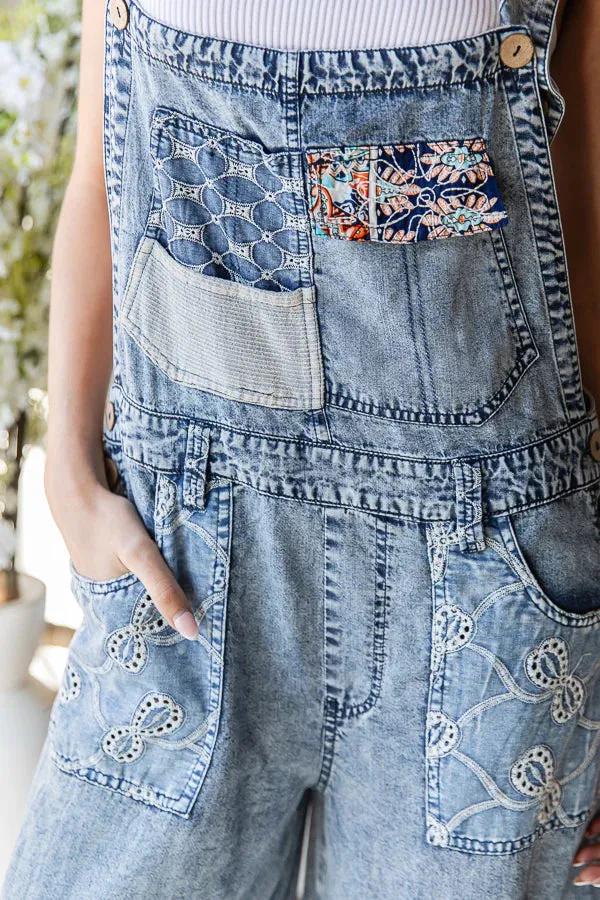 Gotta Have It Washed Multi Patch Convertible Leg Denim Overalls