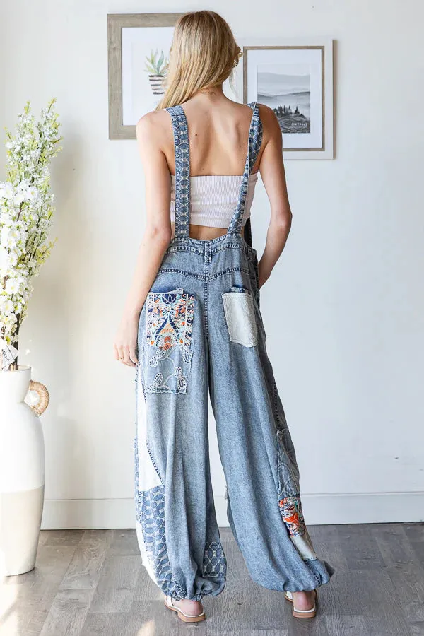 Gotta Have It Washed Multi Patch Convertible Leg Denim Overalls