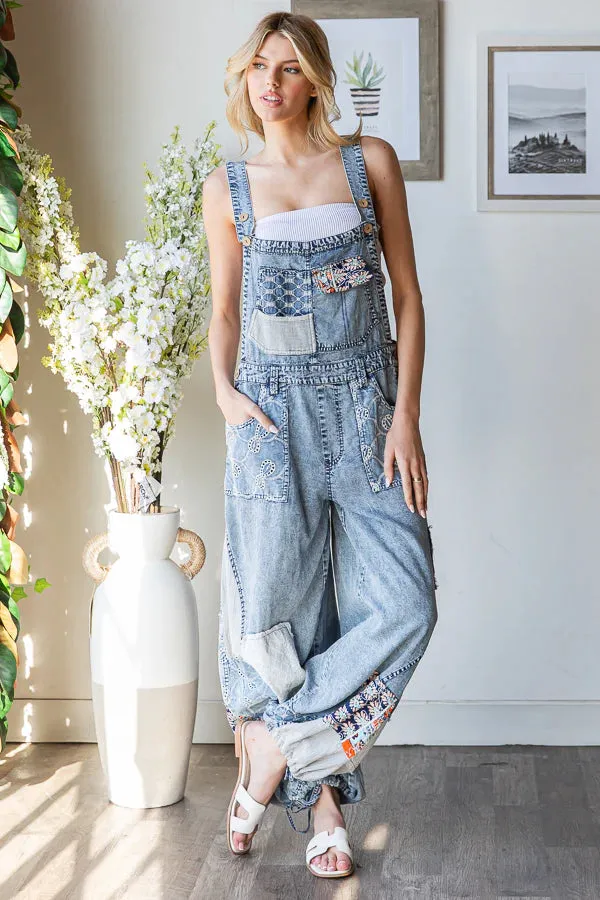 Gotta Have It Washed Multi Patch Convertible Leg Denim Overalls