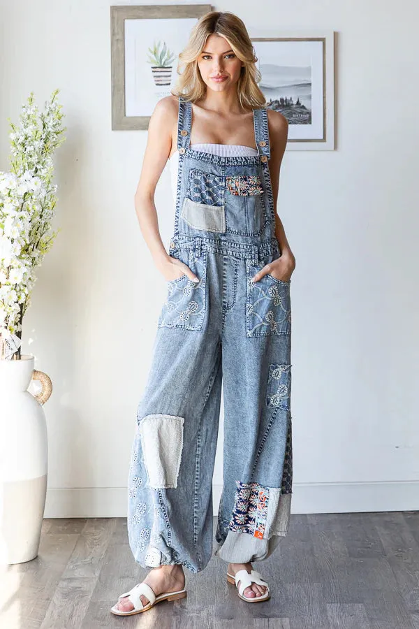 Gotta Have It Washed Multi Patch Convertible Leg Denim Overalls