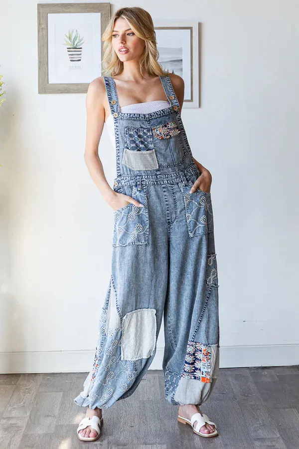 Gotta Have It Washed Multi Patch Convertible Leg Denim Overalls