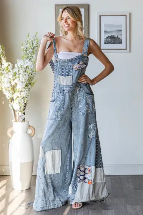 Gotta Have It Washed Multi Patch Convertible Leg Denim Overalls