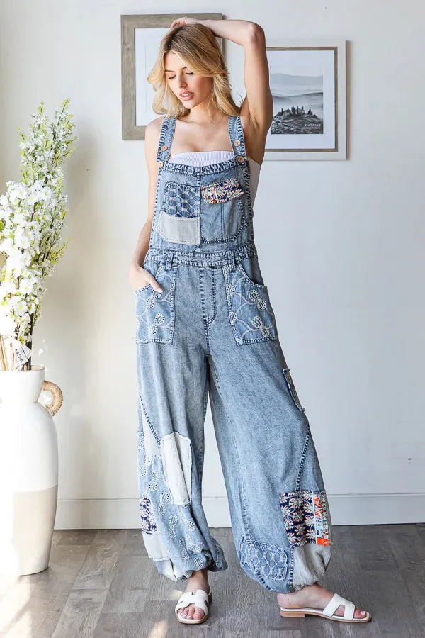 Gotta Have It Washed Multi Patch Convertible Leg Denim Overalls