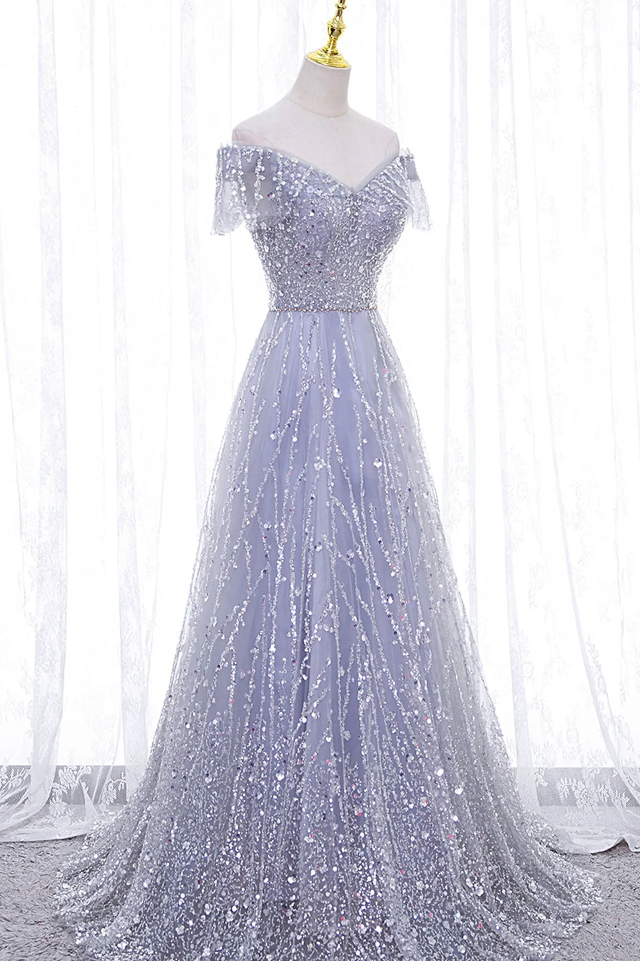 Gray Tulle Sequins Long Prom Dress, Off the Shoulder Evening Dress