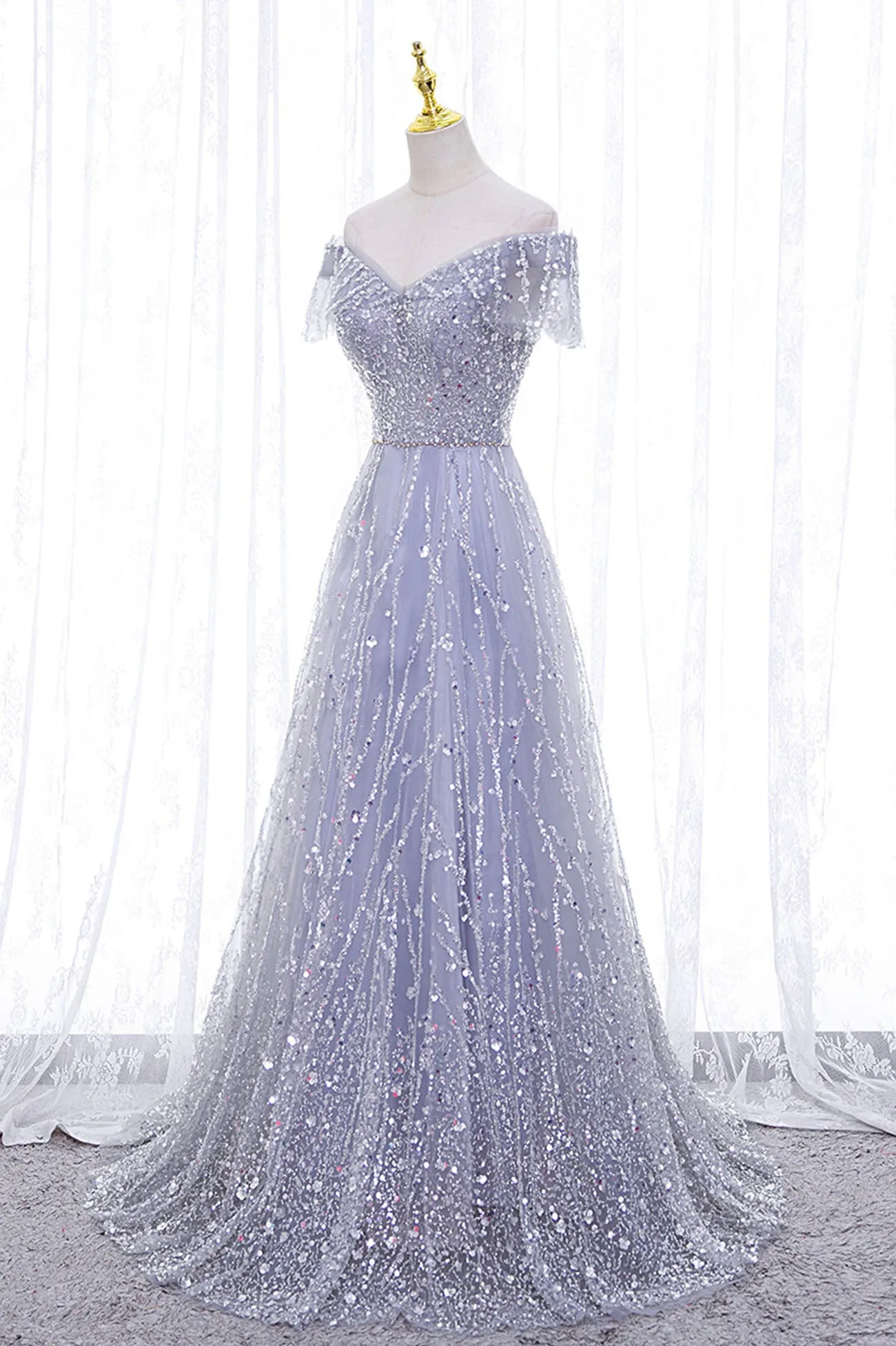 Gray Tulle Sequins Long Prom Dress, Off the Shoulder Evening Dress