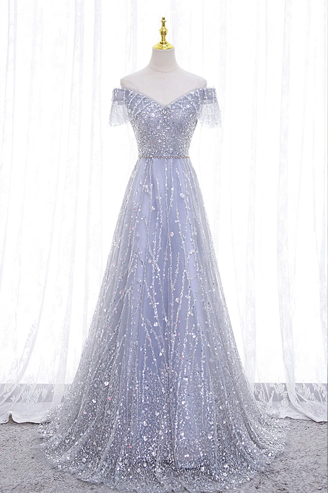 Gray Tulle Sequins Long Prom Dress, Off the Shoulder Evening Dress