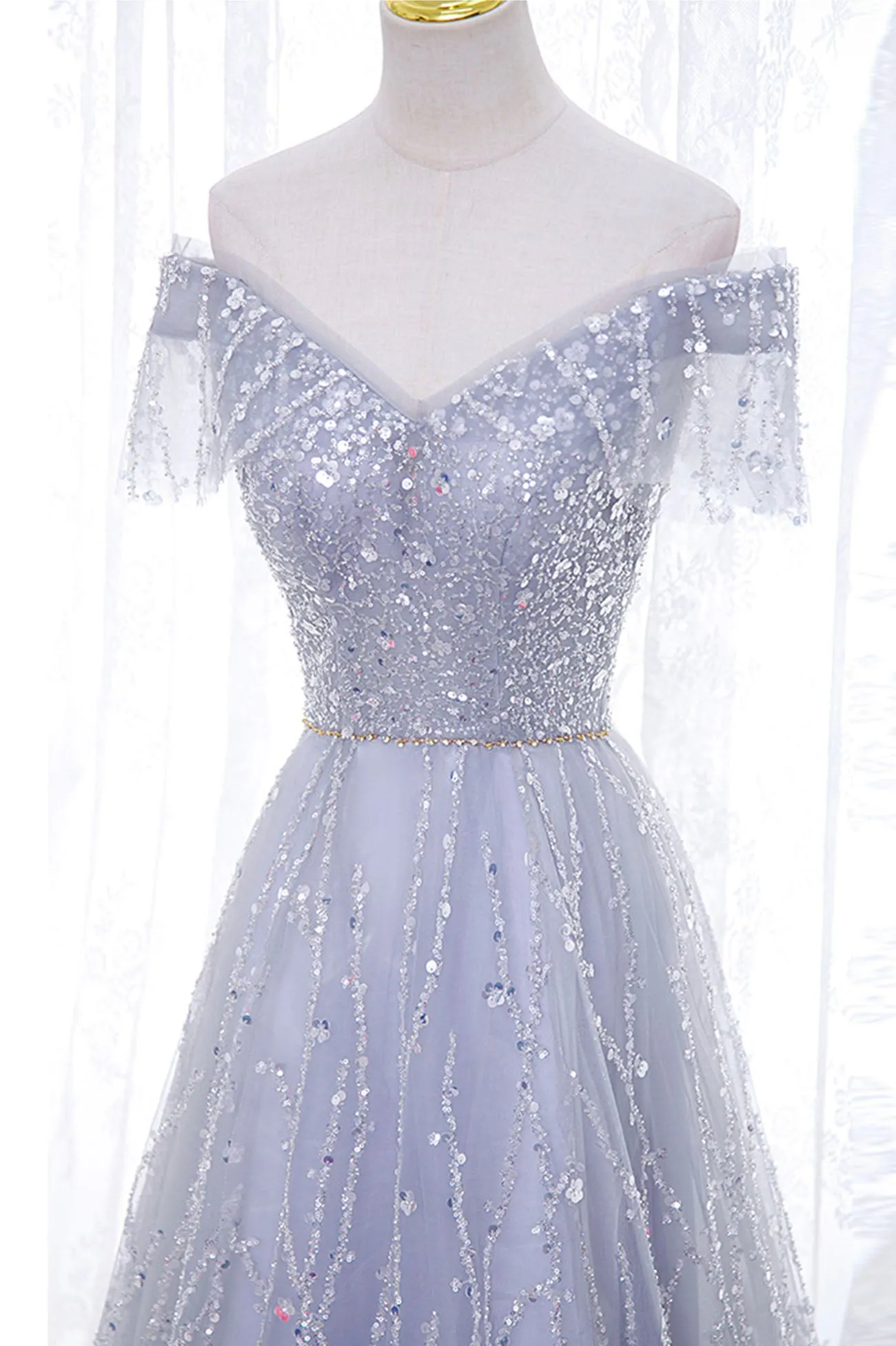 Gray Tulle Sequins Long Prom Dress, Off the Shoulder Evening Dress