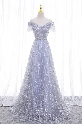 Gray Tulle Sequins Long Prom Dress, Off the Shoulder Evening Dress