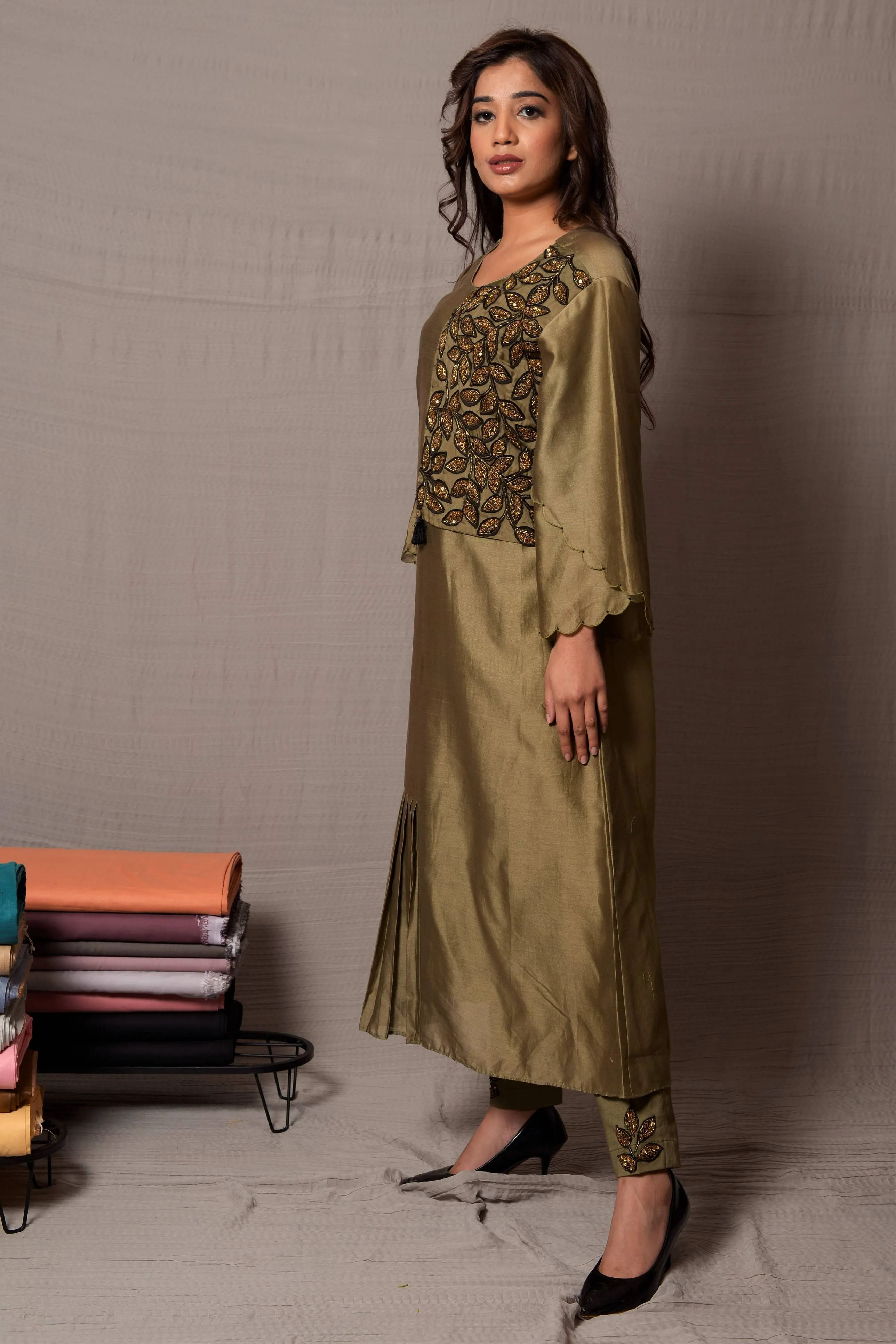 Green Pleated Frill with Side Jacket Flap Kurta with Pants